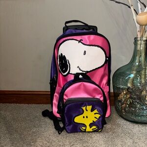 Peanuts Snoopy Rolling Suitcase Pink Purple Woodstock Mini Book Bag Backpack
